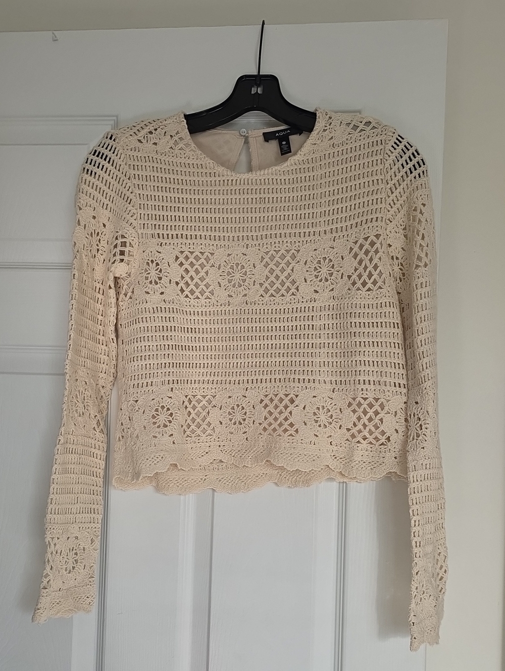 Aqua Cream Crochet Lace Long-Sleeve Top